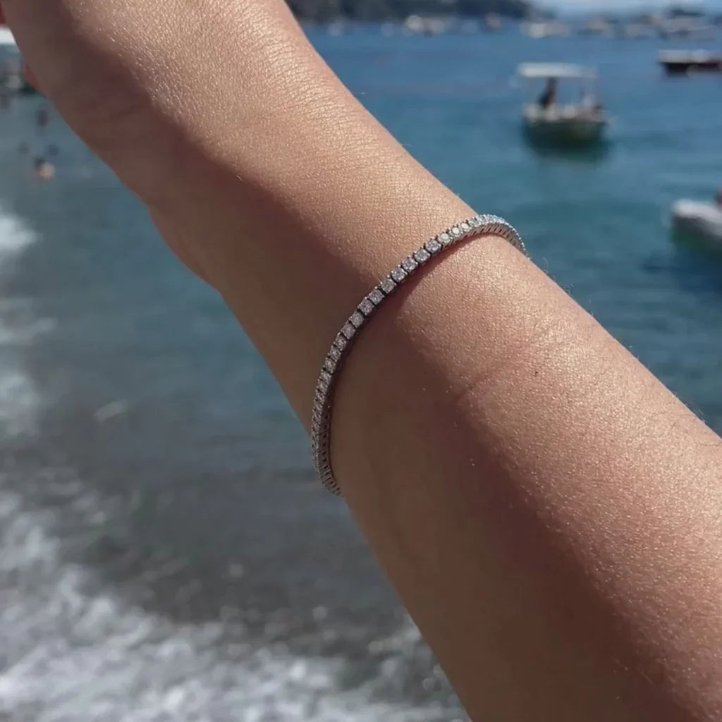 Pulseira Riviera Moissanite 2mm Banhada a Ródio