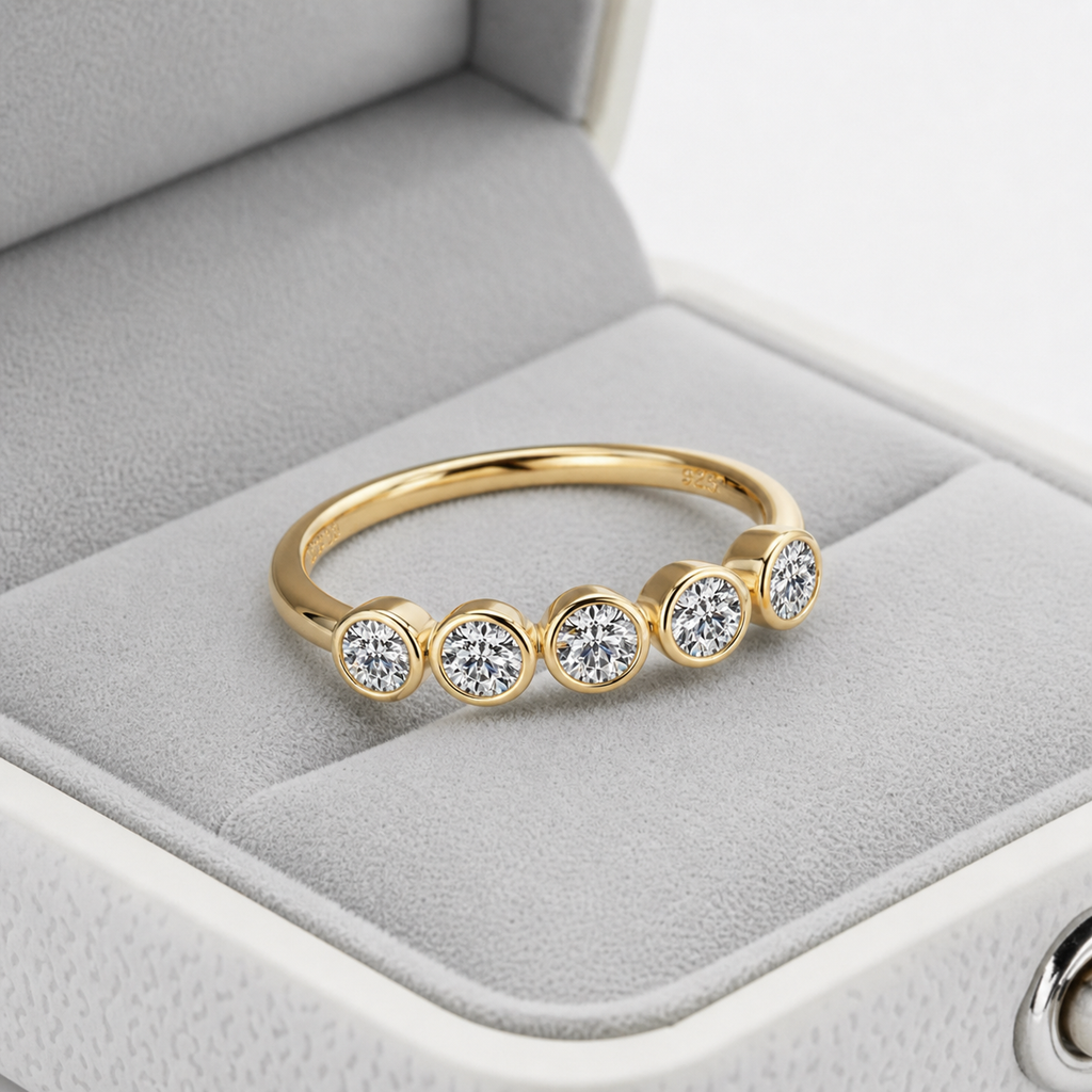Anel 5 Pedras Moissanite Banhado a Ouro 18k