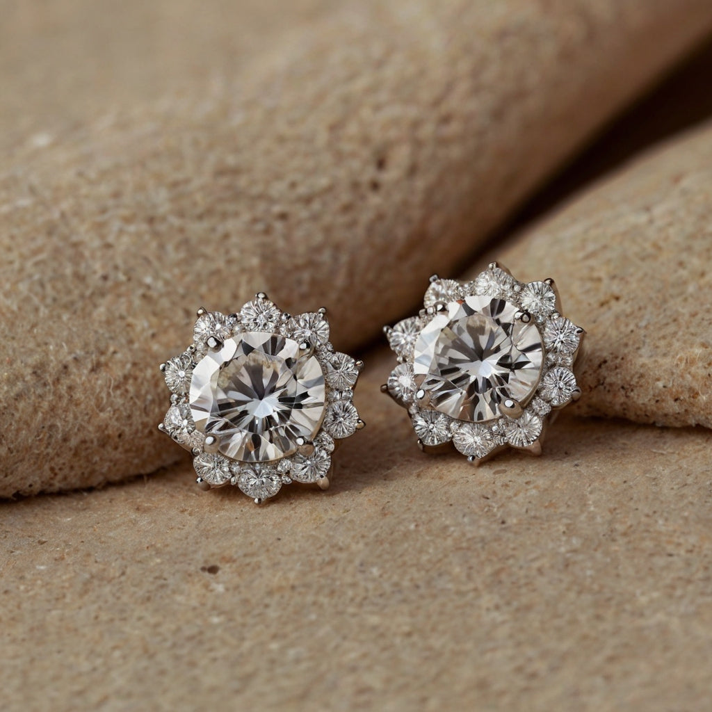 Brinco Flor de Cristal Moissanite Banhado a Ouro 18k
