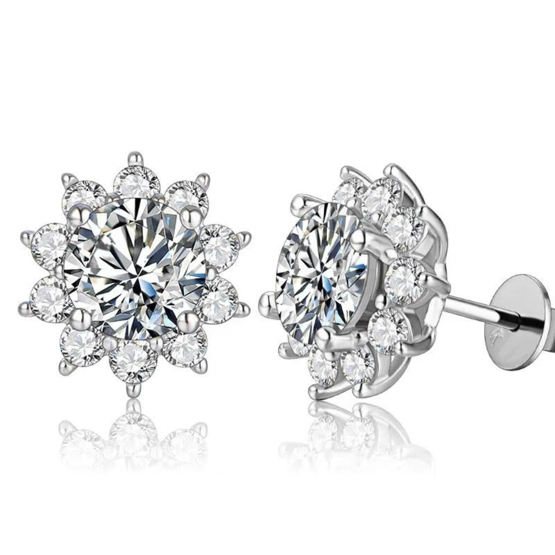 Brinco Flor de Cristal Moissanite Banhado a Ouro 18k