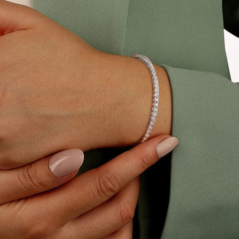 Pulseira Riviera Moissanite 2mm Banhada a Ródio